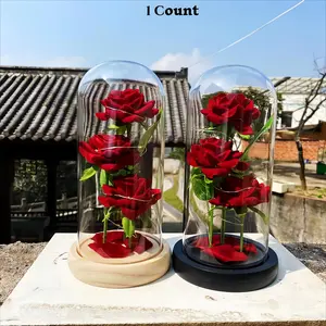Eternal Rose in Glass Dome with LED Light Artificial Realistic Flower Desktop Ornament Romantic Decor Gift for Mom Women Girlfriend Birthday Anniversary Memorial Present