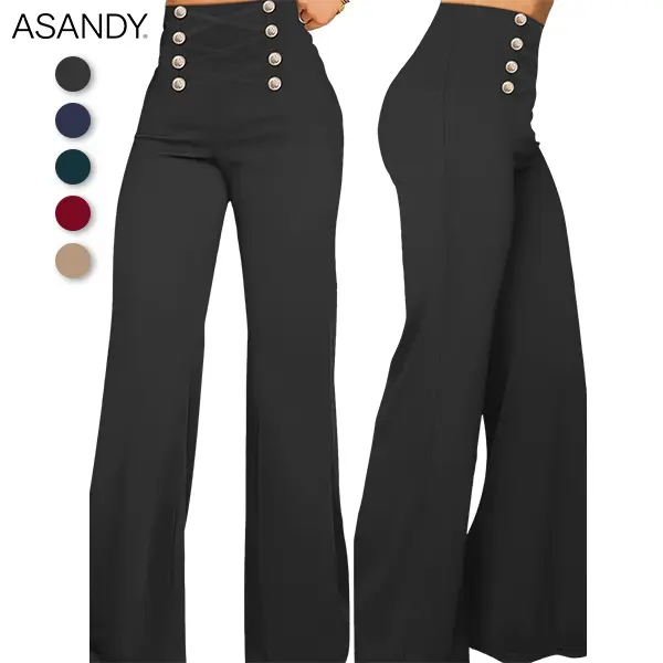 ASANDY Women's Vintage High-Waist Flared Trousers, Double-Breasted Soft Stretchy Fabric Pants for Business Casual Office Work, Business Casual Pants, Stretchy Pants