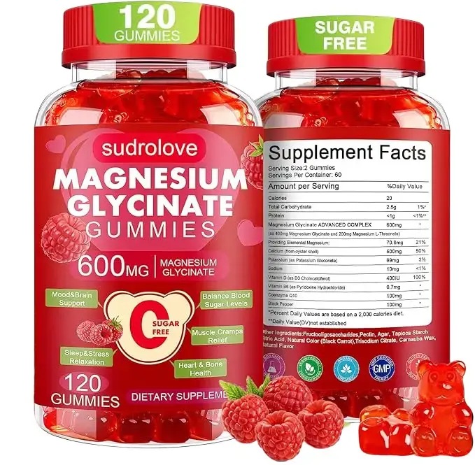 Magnesium Glycinate Gummies 600mg - Sugar-Free Calm & Sleep Support Healthcare Supplement with Potassium, Vitamin D, B6, CoQ10 - High Absorption Raspberry Adult Aid, Prop 65 Safe, Sleep Support Herbal Supplements