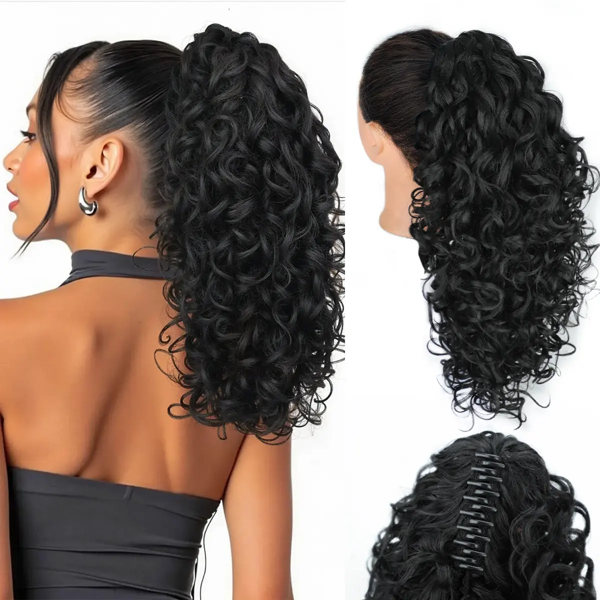 SilkGlow Women's 18" Curly Wavy Heat-Resistant Artificial Fiber Clip Hair Extensions, Brown Multi-Layered Claw Ponytail Piece, Fluffy Natural-Looking Synthetic Extensions & Pieces for Daily Use, Weddings