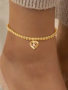 Women's Zircon Heart Initial Pendant Anklet, Beaded Ankle Bracelet, Casual Style Jewelry, Trendy Jewellery Accessories for All Seasons
