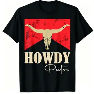 100% Cotton Howdy Putos Bull Skull Country Cowboy Western Graphic T-Shirt T-Shirt For Men And Women Shortsleeve Tropical Streetwear Menswear