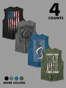 Men's Patriotic Sleeveless Tank Tops 4 Pack, Vintage American Flag Graphic Print Casual Muscle Shirts, Summer Breathable Outdoor Workout Tees for Daily Wear
