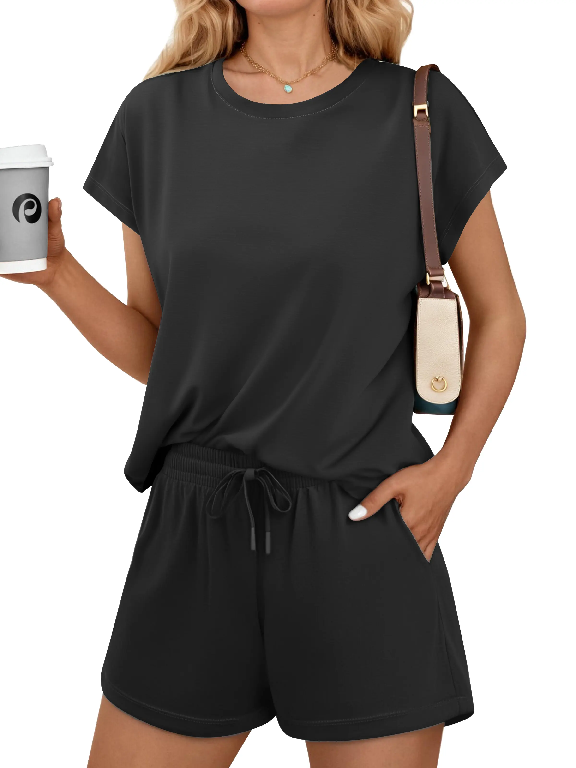 PINSPARK 2 Piece Sets for Women Summer Crewneck Matching Shorts Lounge Set with Pockets Casual Travel Outfits 2026 Trendy #SummerVibes