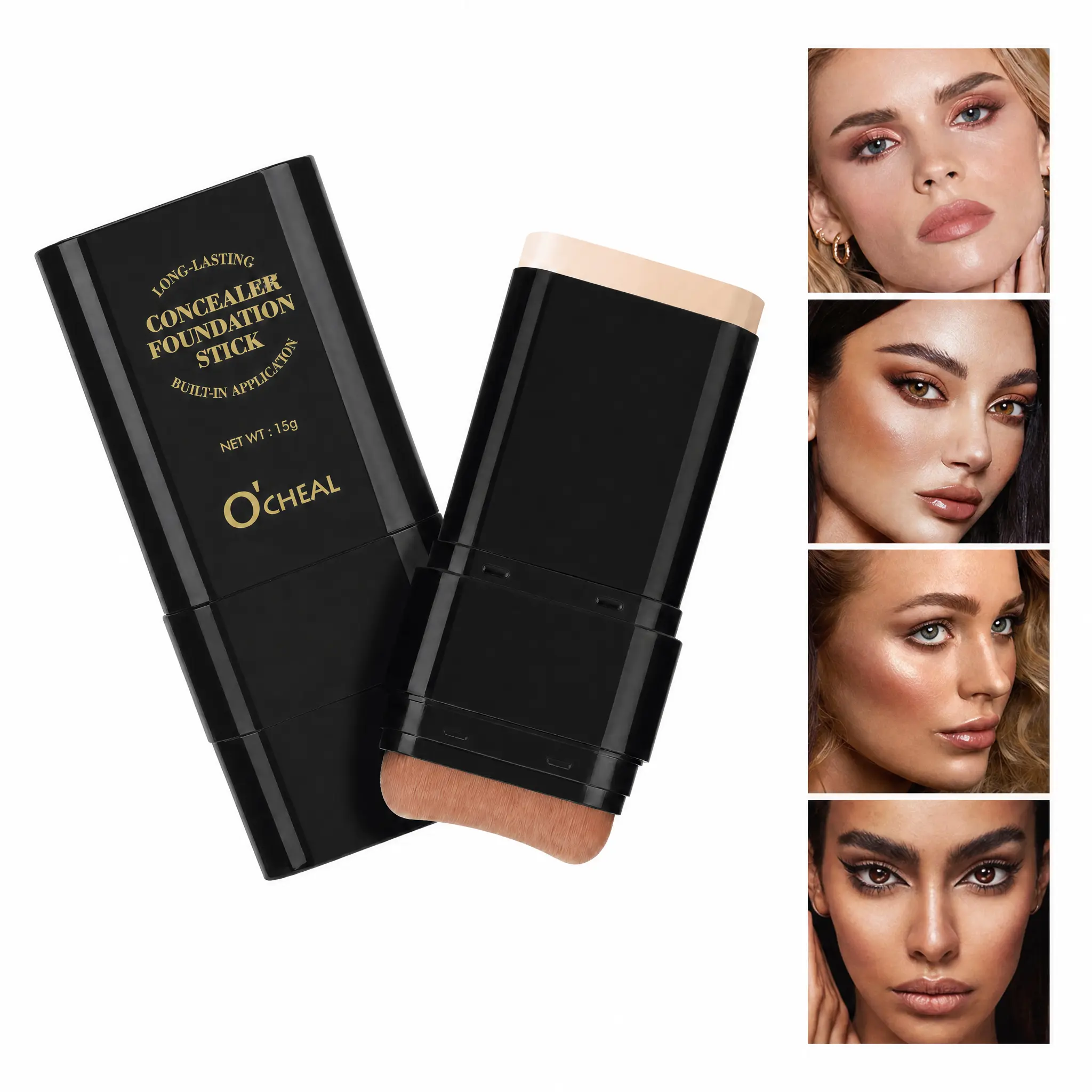 Creamy High-Pigment Cosmetic Concealer Foundation Stick with Built-In Applicator Brush, Waterproof Long-Lasting Full Coverage for Acne, Dark Spots, Uneven Skin Tone, 4 Shades for All Skin Tones