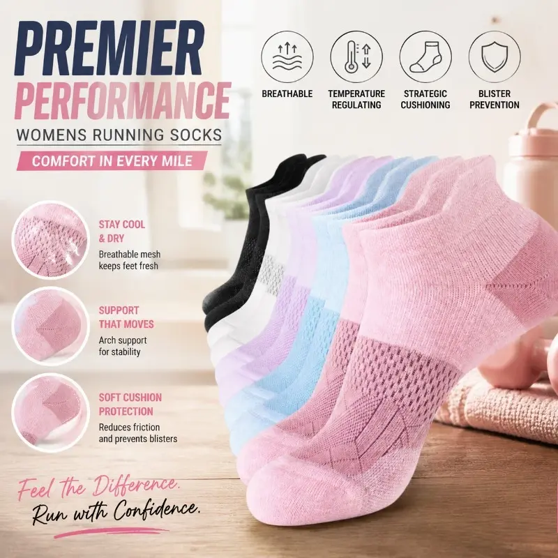 Women's Padded Ankle-High Low Cut Running Socks, 10-Pair Pack with Cushioning, Blister Prevention, and Reinforced Support for Training, Padded Socks, Ankle-High Low Cut Socks