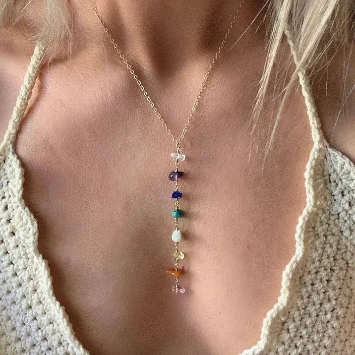Colorful natural crystal gravel hand-wound real gold plating necklace, niche design Valentine's Day gift for boys and girls