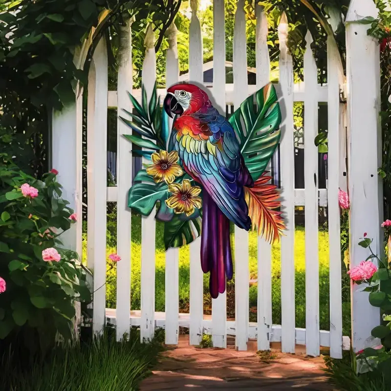 Large Colorful Metal Parrot Wall Art, 15.75inch Vibrant Bird Garden Fence House Decor, Garden Accessories, Outdoor Garden Accessory, Durable Iron Craft, Outdoor Patio Wall Hanging, No Electricity Needed, Perfect for Halloween, Christmas Decorations