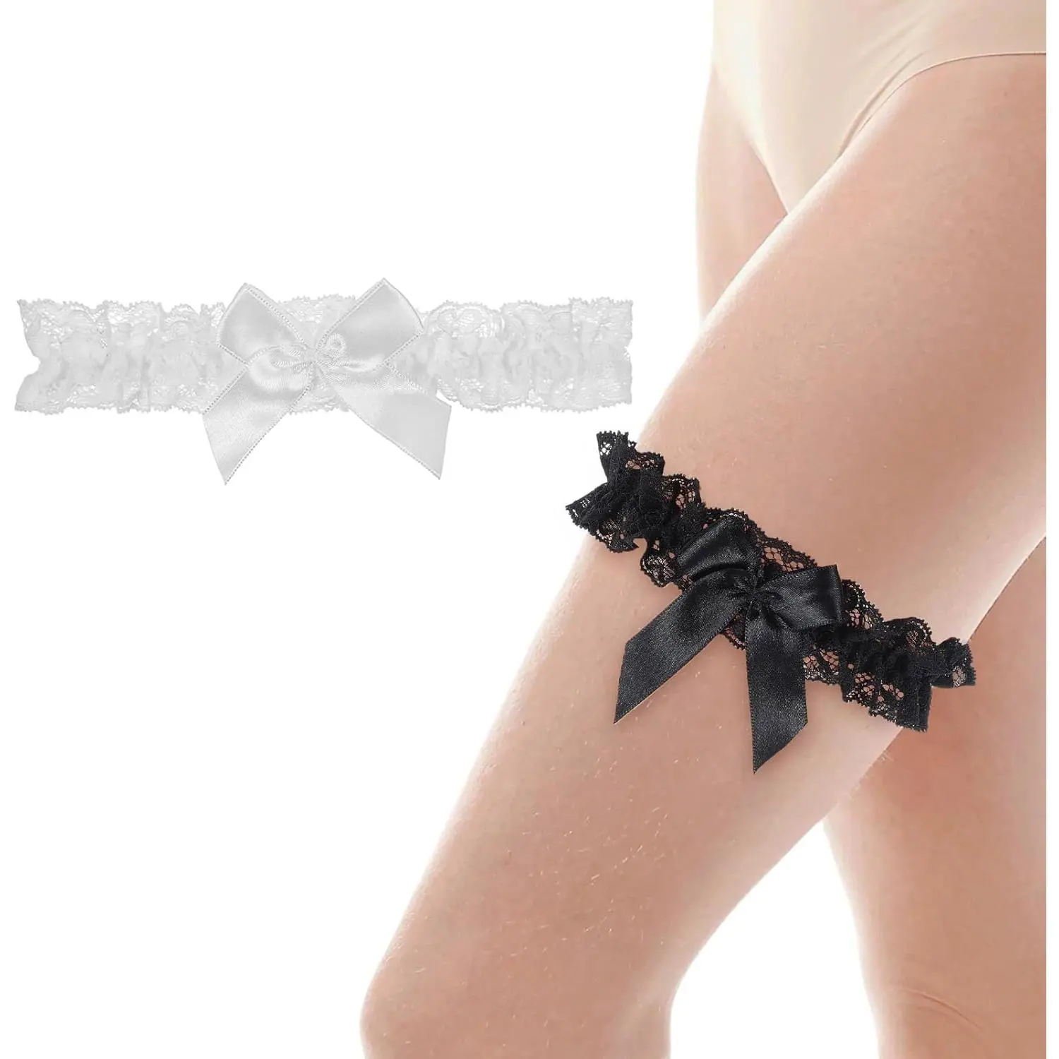 2 count Bridal Garter, Wedding Garter, White Garter and Black Garter, Lace Garter Belt, Bowknot Elastic Thigh Garter for Party Prom,Garters for Bride