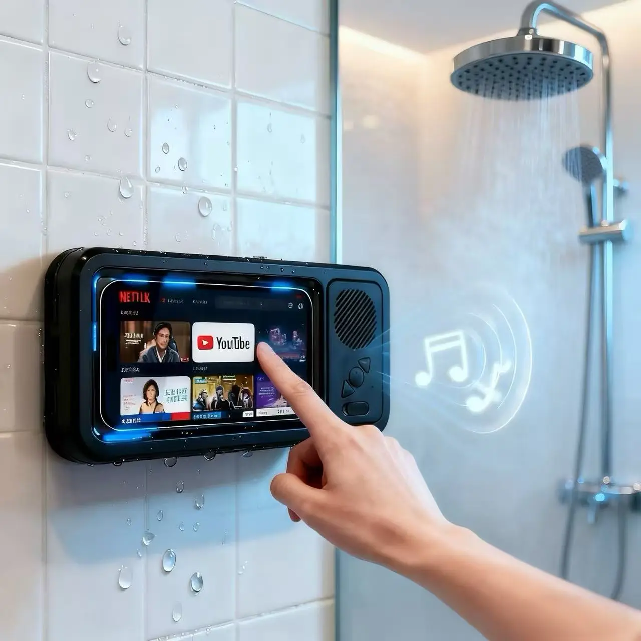 Waterproof box speaker, Wireless shower speaker, bathroom waterproof 360° rotating touch screen, Bluetooth speaker, watch movies, listen to music, phone holder, shower TV holder, swimming pool, kitchen, bathroom