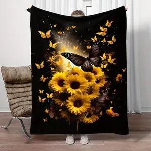 Sunflower and Butterfly Printed Flannel Blanket - Soft Polyester Fleece, Lightweight, All Season Comfort, Suitable for Sofas, Beds, Travel, Office - Durable, Easy Care, Machine Washable - 1pc