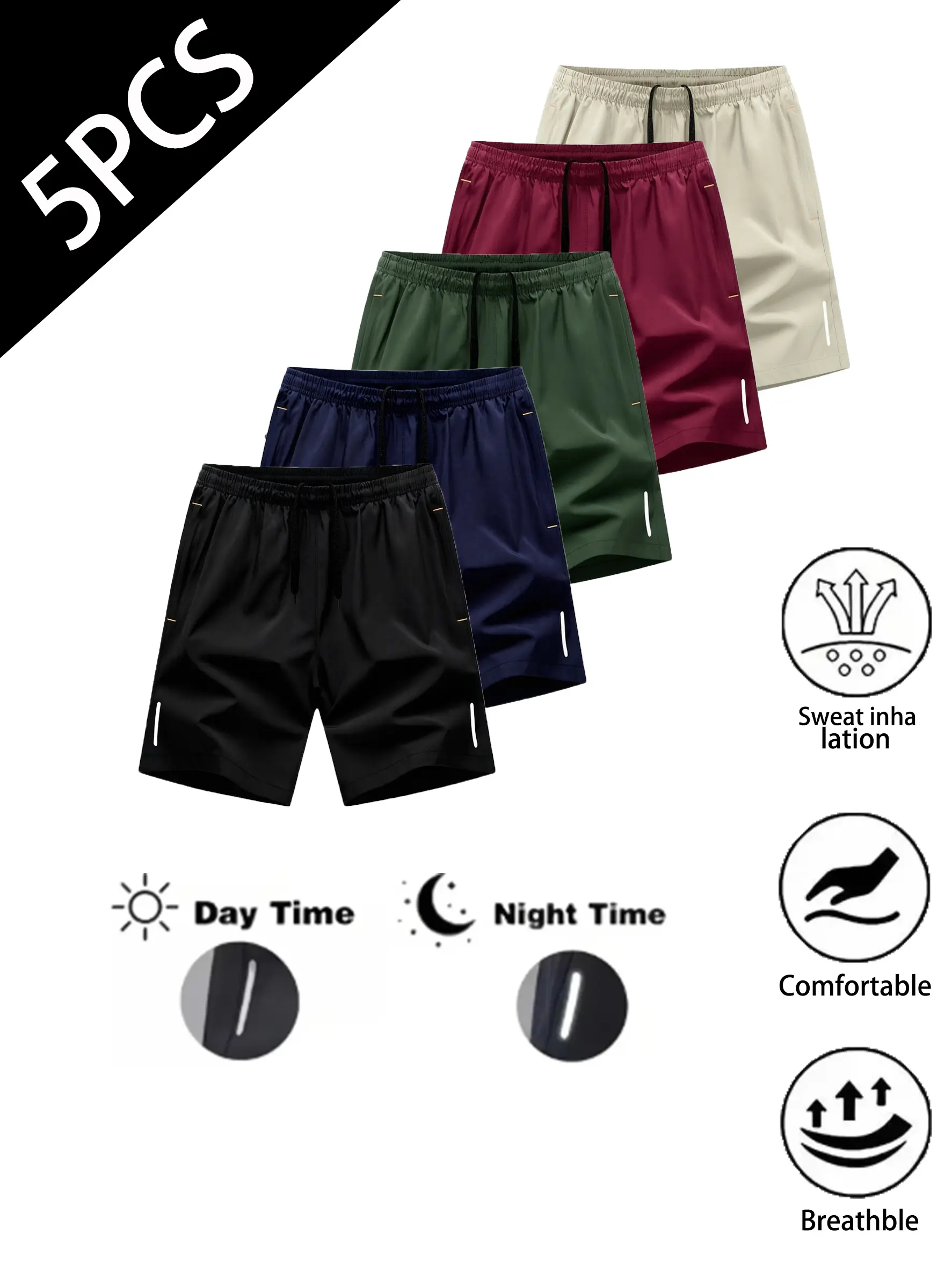 Men’s 5-Pack Quick-Dry Technical Athletic Shorts, Adjustable Drawstring Waist, Breathable Solid-Color with Zippered Pockets, Color-Mixed Options, Summer Menswear for Running & Everyday Outdoor Wear, Adjustable Men's Shorts, Color-Mixed Men's Shorts