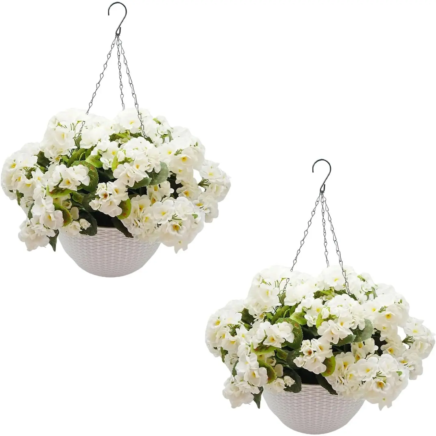 GARVEE 2-Piece Durable Artificial Hanging Flowers with Basket, Faux Floral Arrangement for Outdoor Patio, Indoor Room Decor, White