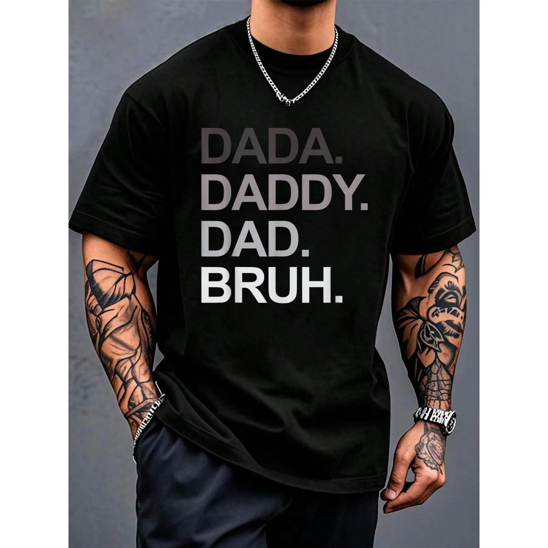 Men's Funny Graphic T-Shirt, "Dada Daddy Dad Bruh" Vintage Streetwear Print, Short Sleeve Crew Neck Tee for Father's Day, Tshirt, Shortsleeve, Round Neck, Pure Cotton, Cute, Tops, Distressed, Casual, Menswear