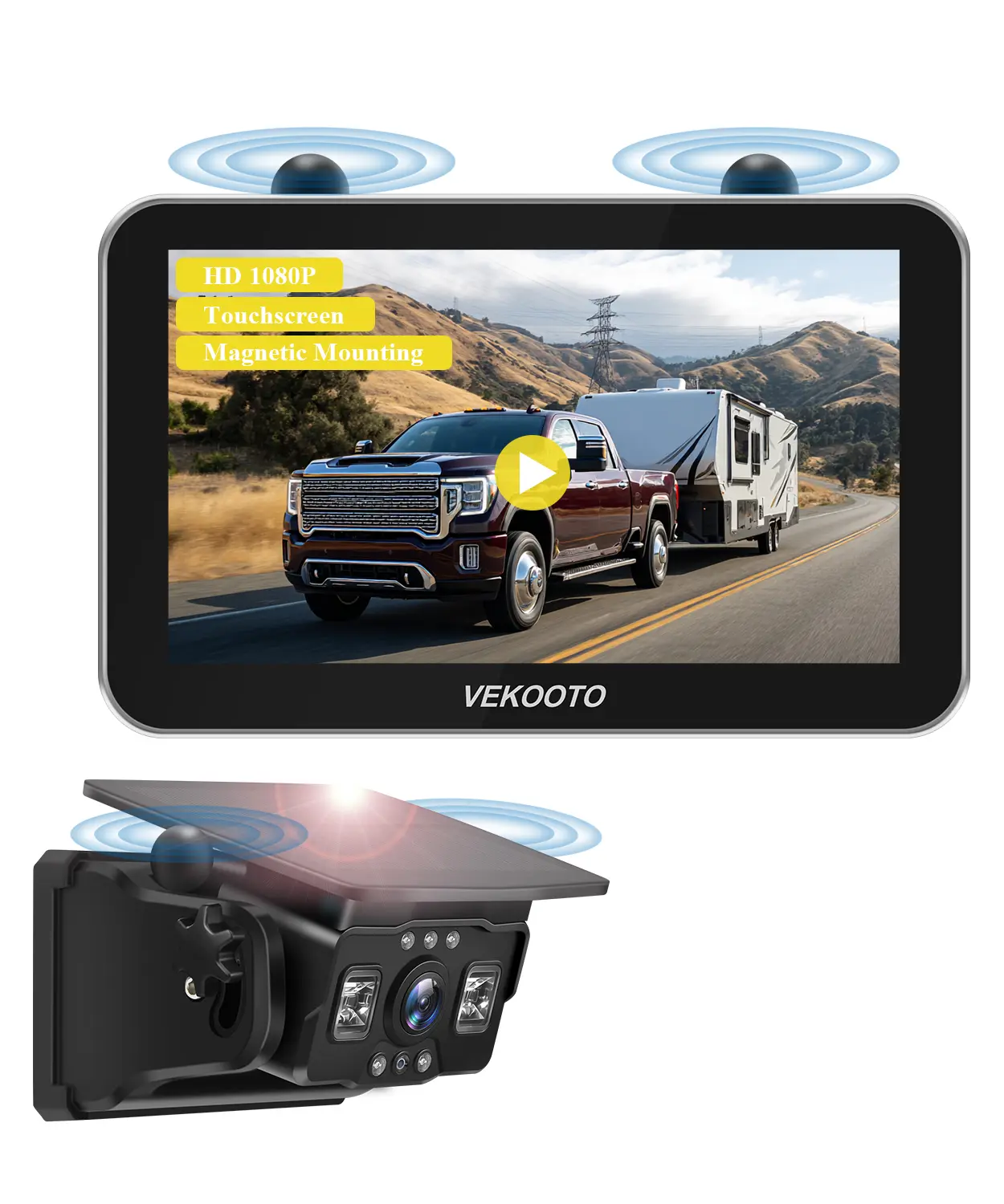 VEKOOTO VK7Pro Magnetic Solar Wireless Backup Camera 7'' IPS Touchscreen Monitor HD1080P No Wiring Rechargeable Camera for RV Trailer Camper Car Blind Spot Truck Automotive Backup Camera for Truck IP69 Waterproof IR Night Vision