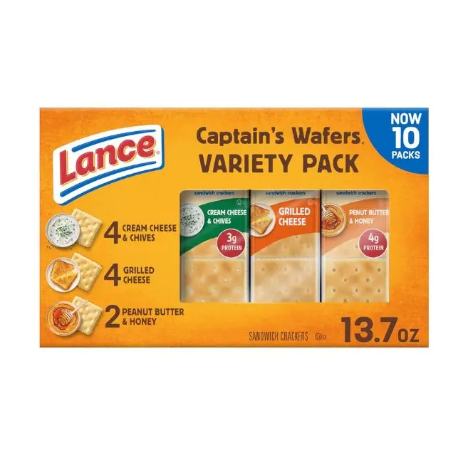 Captain's Wafers Lance Cheese Sandwich Crackers Snack - Wheat Flour Base, Onion Powder Flavor, Cream & Honey Powder with Salt Variety Pack (10 Individual Packs, 6 Sandwiches Each) for Quick Meals