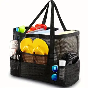 Extra-Large Mesh Waterproof Beach Tote - Durable PVC, Foldable & Portable Travel Essentials Bag for Pool, Boat Trips, Toys & Vacation Essentials - Black