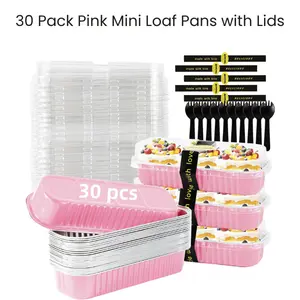 30 Pack Pink Mini Loaf Pans with Lids, Disposable Aluminum Foil Baking Pans for Cakes Bread Meal Prep Containers, Mother Birthday Gift