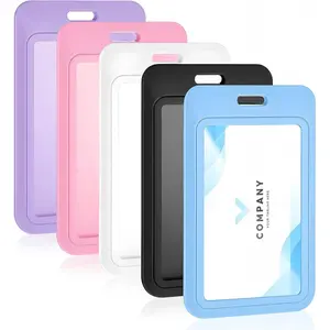 5 PCS Sliding Badge Holder, Sliding Id Badge Holder with Clear Window Vertical Hard Plastic Sleeve Secures Work Id Key Card Credit Cards, Hard Plastic Vertical Card Cases for Nurses Teachers Students, Office Supplies, Name Tag Holder