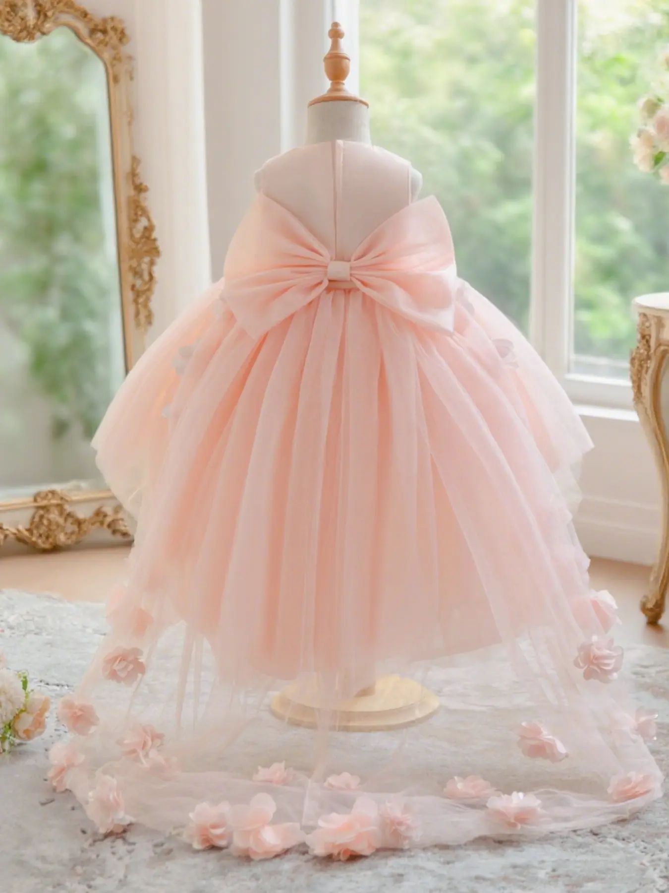 Girls elegant party dress dress up gown perfect for weddings and events design stylish train design elegant sweet floral dress Tulle Dress