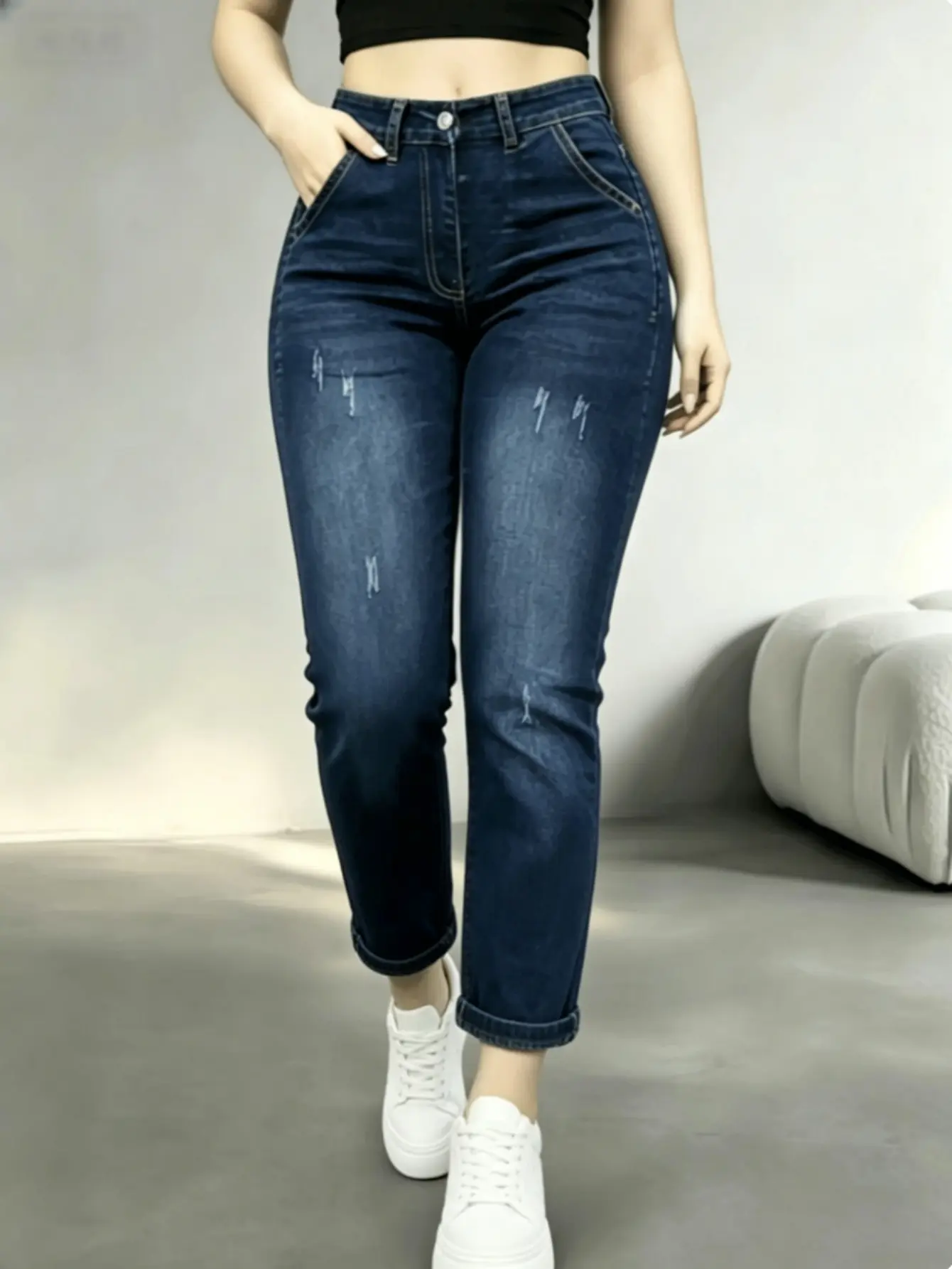 Women's Mid-Low Rise Stretchy Skinny Jeans with Buttons - Distressed Tummy Control Curve-Hugging Denim Pants, Plus/Regular Size BBL Trendy Spring Daily Outfits YLD01, Button, Jeans For Women