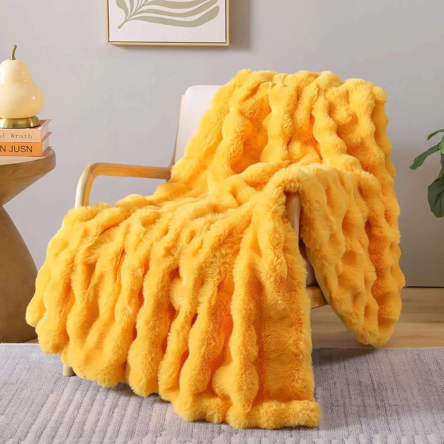 Faux  Throw Blanket for Couch - Mustard Yellow Fluffy Cozy  Fleece, Plush Soft Bubble Blanket for Sofa & Bed, for Mom, Warm Fuzzy  Room Decor Throw 60" x 80"