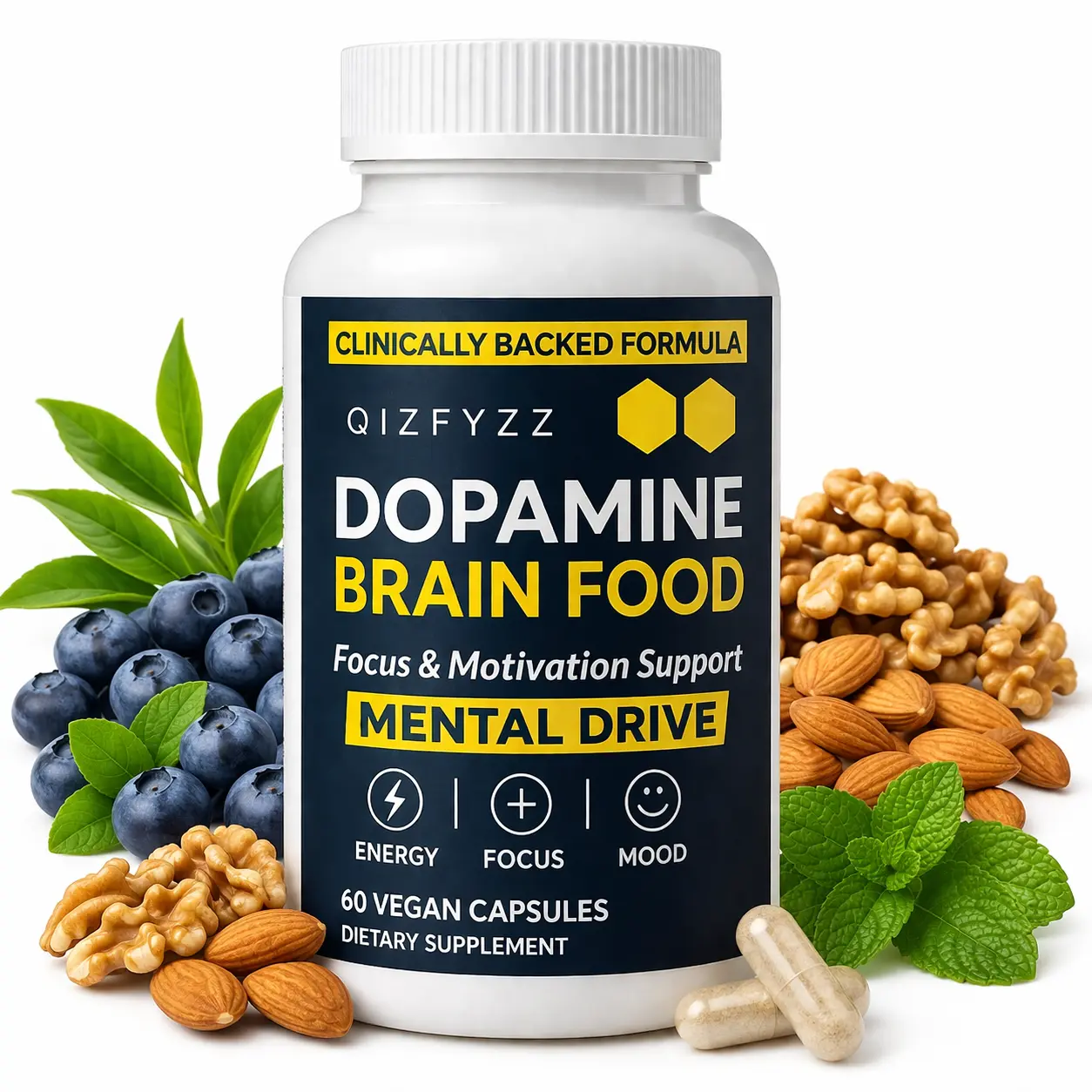Dopamine Brain Food Energy & Focus Supplement Capsules - L-Tyrosine, Multi-Ingredient Vitamins, Amino Acids - Neurotransmitter Support, Mental Clarity - 60-Count Brain Booster for Adults, Energy And Focus