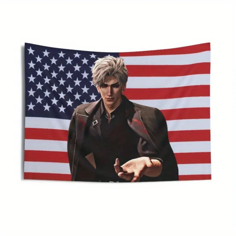 Sylus Love and Deepspace Banner - Anime Character with American Flag Background, Black Jacket, White Hair, Perfect Gift for Fans, Birthday or Friendship Present, Anime Wall Art