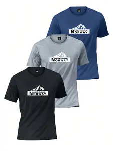 3 Piece Short Sleeve T-Shirt Set, Outdoor Hiking Camping Wear, North European Mountain Letter Print, Quick-Dry Breathable Sport Fabric