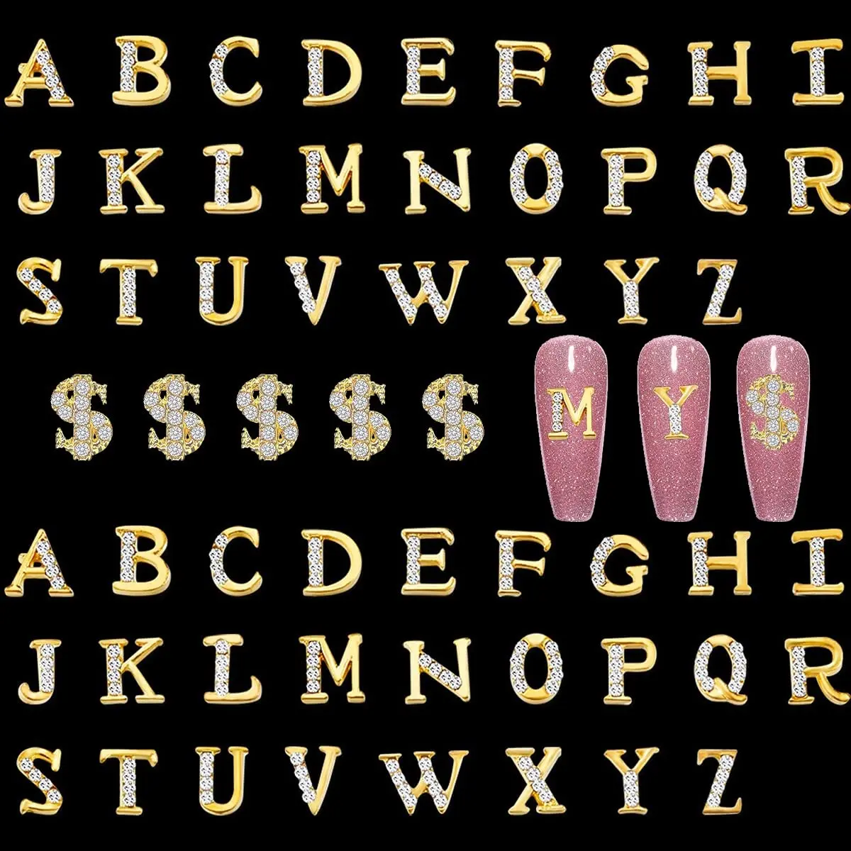52pcs Gold Letters Alloy Rhinestone Nail Studs + 5pcs 3D Dollar Sign 3D Capital Alphabet Nail Charms Bling Jewels for DIY Acrylic Nails Manicure Crafts