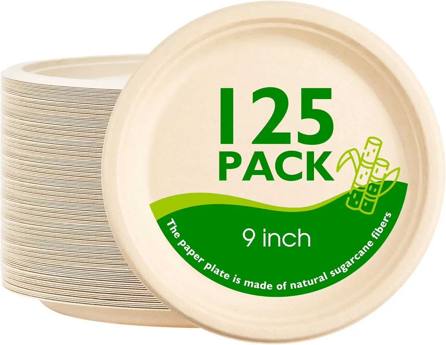 9 Compostable Paper Plates 125 Pack, Biodegradable Heavy Duty Disposable Plates, Unbleached Sugarcane Fibre Plates, Eco-Friendly Round Party Plates for Picnic, Camping, BBQ & Events, Durable Sustainable Tableware
