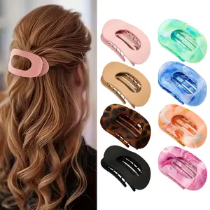 Colorful Hair Clip Set 4pcs Oval Acrylic Clips for Women No Trace Flat Large Hair Clips Elegant Minimalist Marble Color Daily Wear Gifts