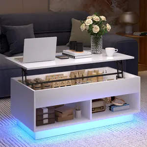 HOMMPA 40" Modern LED Coffee Table with Storage for Living Room, Lift Top Coffee Table with 2 Shelves, High Glossy Wooden Dining Table, Multifunctional Furniture for Bedroom/Home Office, White