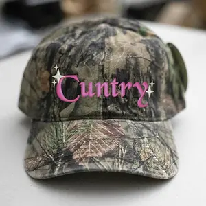 Mossy Oak Camo Hat Cuntry Embroidered with Orange or Pink Thread and White Stars. Hook and Loop Cap