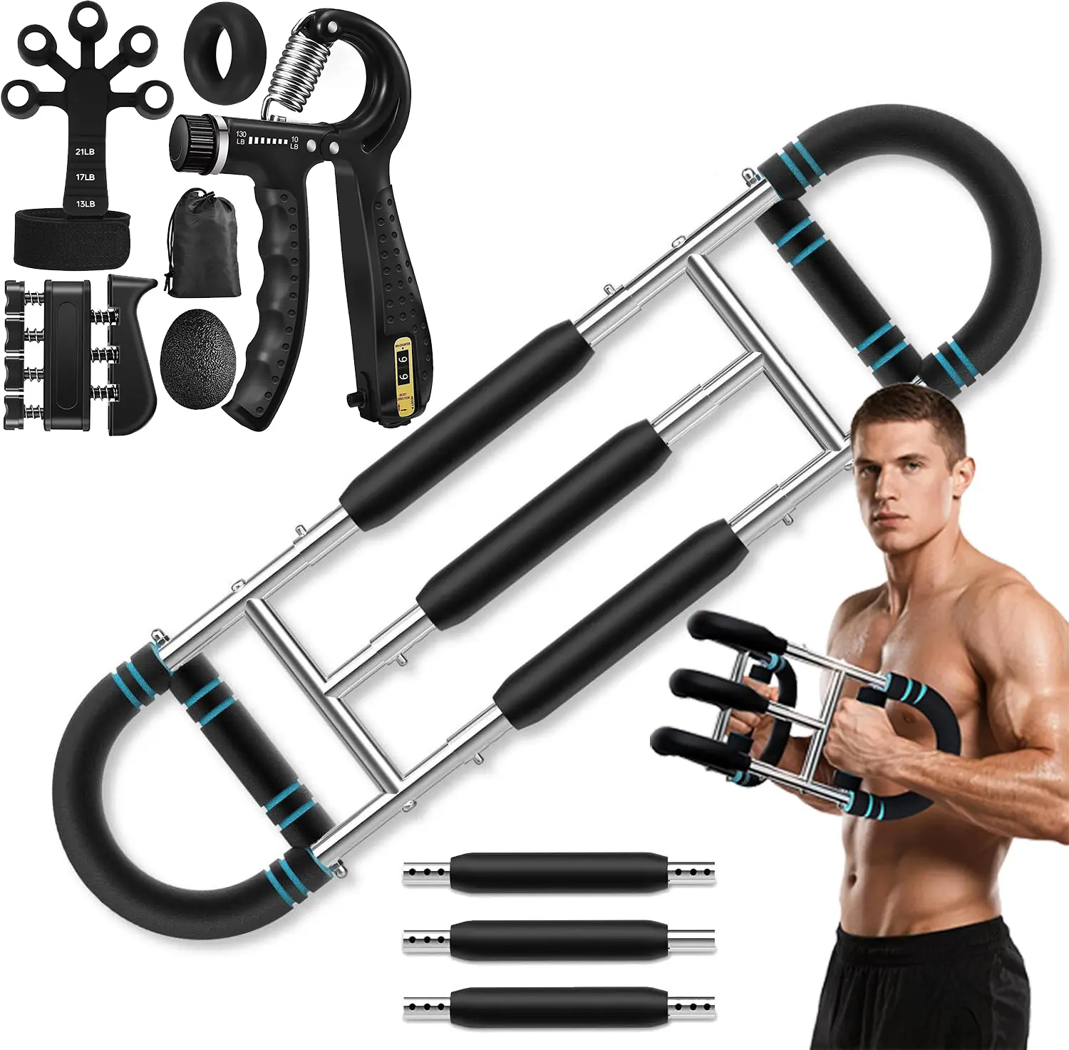 Stainless Steel Chest and Arm Trainer - Unisex Adjustable Tool with Twister Arm, Portable Finger Grip Strengthener for Home Gym Strength Training, Workout to Build Biceps, Chest, and Grip Strength (summerwins)