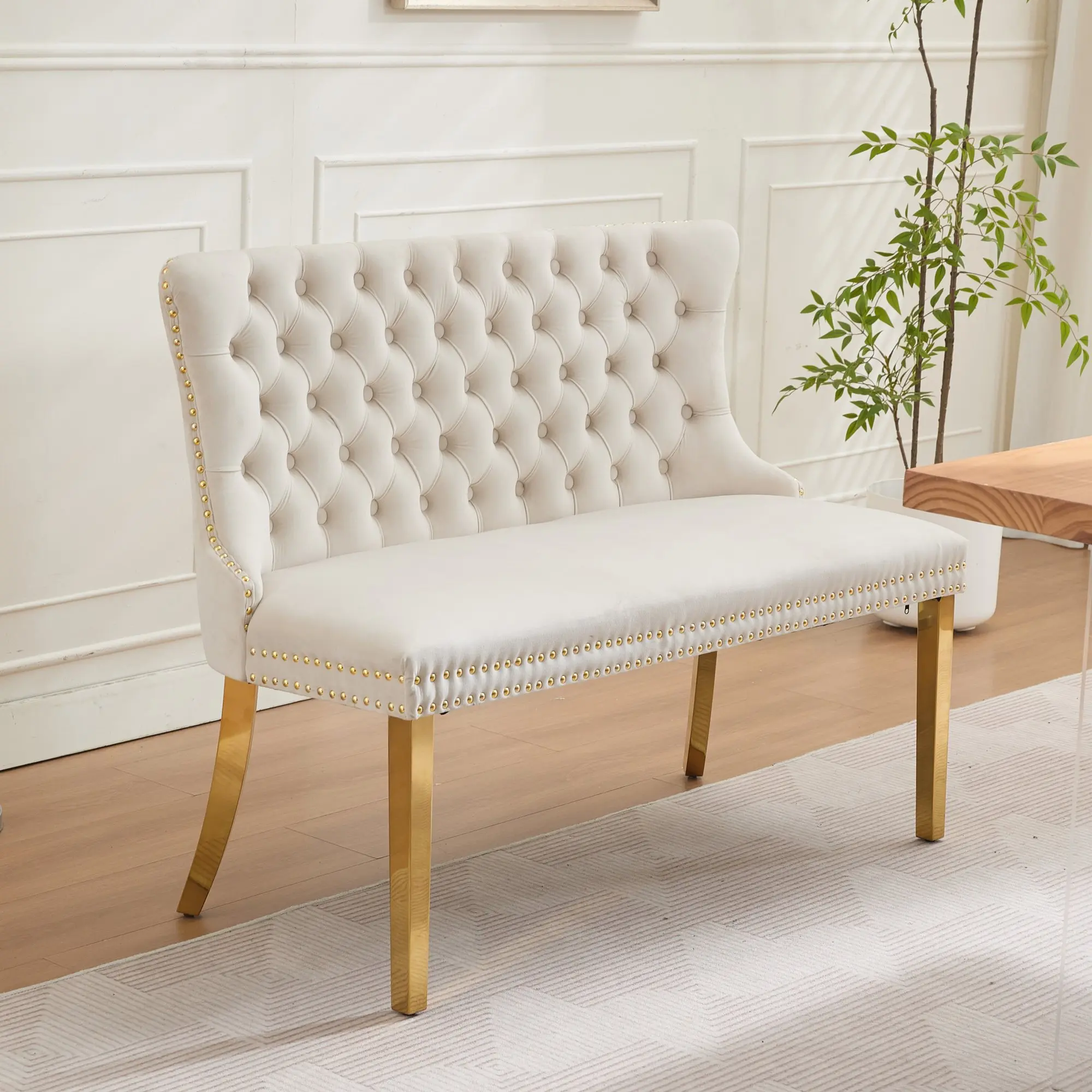 Mikibama 45.6in Glam Velvet Double Seat Dining Bench - Mid-Century Modern Tufted Buttons, Nailhead Trim, Durable Gold-Plated Stainless Steel Legs, Fixed Back, Assembly Required for Kitchen, Dining Room