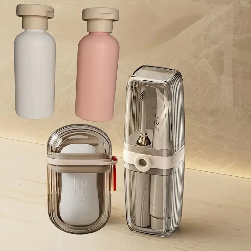 Travel portable toiletry set: 4-piece set including soap box, toothbrush cup, leak-proof separate bottles. Suitable for business trips, camping, fitness and bathroom storage scenarios, Travel Essentials, Travel Toiletries