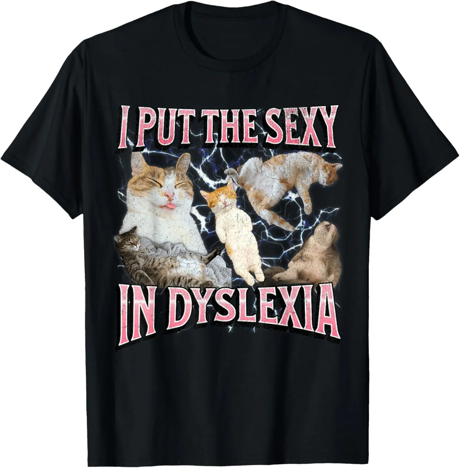 Men's Relaxed Fit Tshirt, Funny "Sexy In Dyslexia" Cat Print - True-to-Size Short-Sleeve Round Neck with Reinforced Stitch