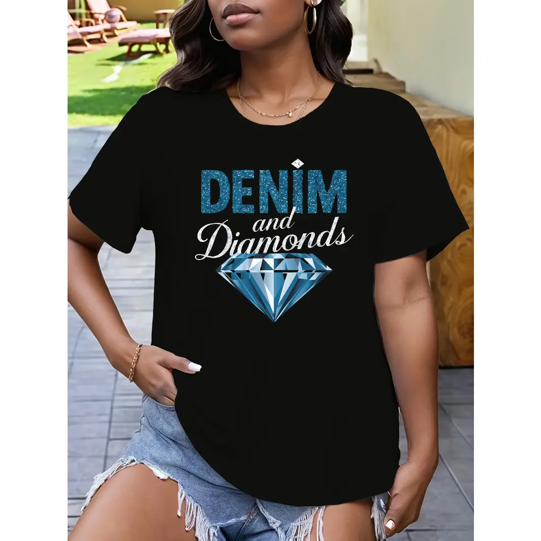 Women's Cotton Short-Sleeve Crew Neck Graphic Rhinestone T-Shirt - Denim and Diamonds Print, Casual Summer Streetwear Top for Jeans, Sneakers | Rhinestone Art, Diamond Eyes Designs, Shortsleeve, Tshirt, Graphic Rhinestone Women's T-Shirts