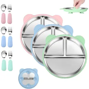 3 Packs Stainless Steel Toddler Plates Silicone Suction with Spoons & Forks, Bear Ear Design Non-Slip Divided Portion Baby Plates, Food-Grade Silicone Plate for Kids, BPA Free Dishwasher Safe