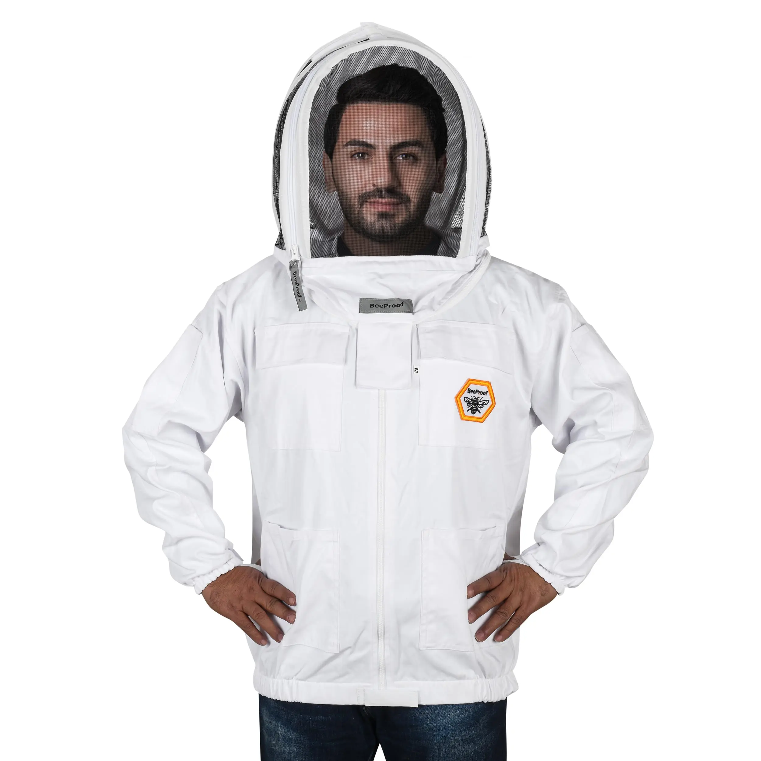 Bee Proof BP-101 Beekeeping Jackets with Fencing Veil Breathable Cotton Beekeeper Suit Outfit Total Protection for Professional and Beginner (Large, White)