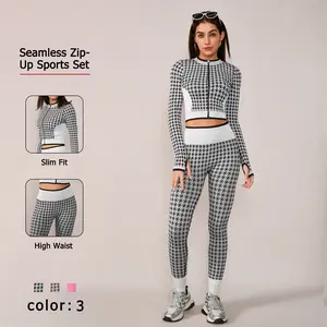 NcmRyu Fashion Houndstooth Yoga Set Women's Slim Fit Crop Top & High Waist Leggings Tummy Control High Stretch Gym Wear for Fitness Training Workout Running Clothes Textured Sweatsuit Thermal Lined Sports Sportswear