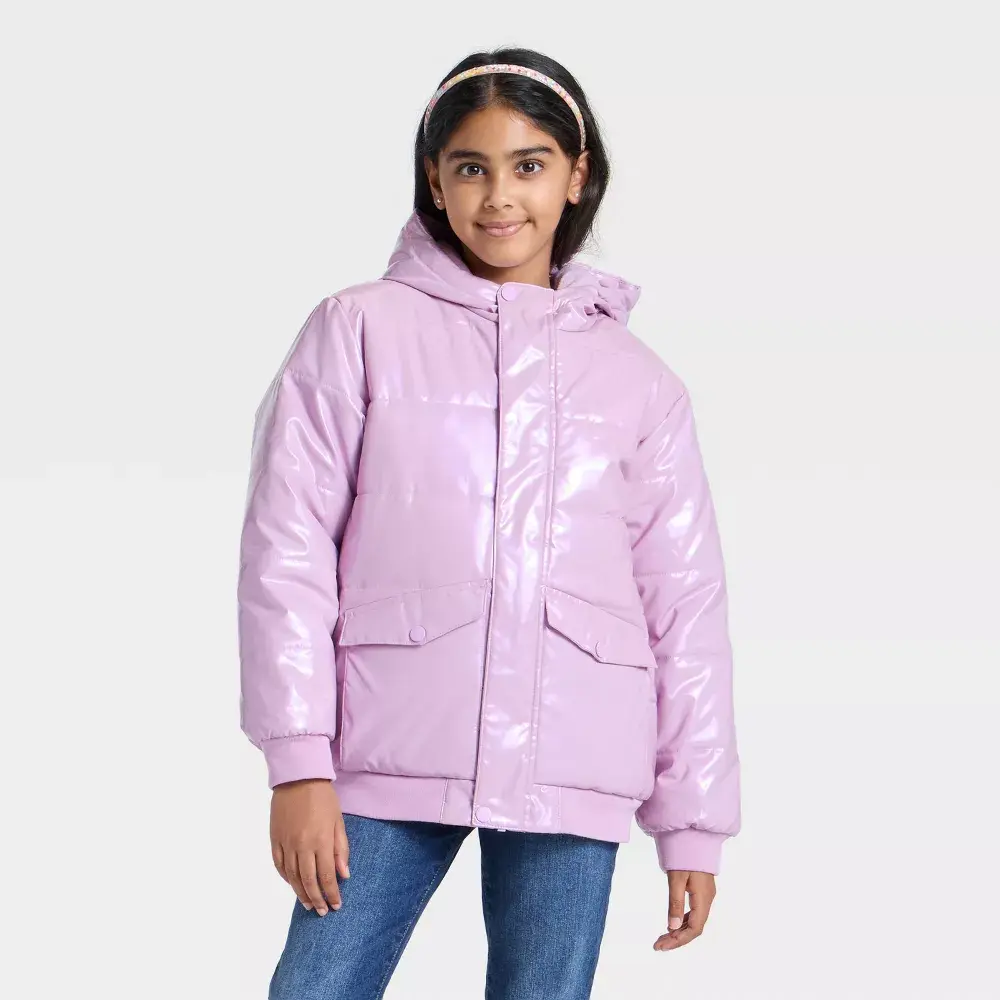 Girls' Hooded Puffer Jacket - Cat & Jack, Casual Comfy Style with Attached Hood, Zipper Front, Rib Cuffs