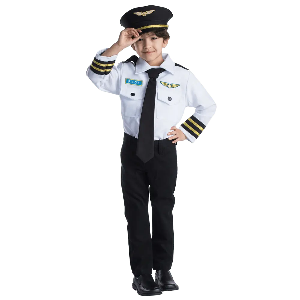 Pilot Role-Play Set For Kids - White Uniform Long Sleeve Shirt, Tie & Cap - Boys Costume For Halloween, Role Play, Pretend Play Fun, Theme Party & Cosplay - One Size Fits Most