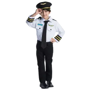 Pilot Role-Play Set For Kids - White Uniform Long Sleeve Shirt, Tie & Cap - Boys Costume For Halloween, Role Play, Pretend Play Fun, Theme Party & Cosplay - One Size Fits Most