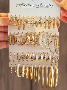 48pcs Bohemian Geometric Earrings Set with Imitation Pearls and Hollow Flower Design, Fashion Earring, Stylish Daily Wear and Party Jewelry for Women, Faux Pearl