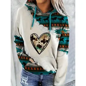 Aztec Geo Print Kangaroo Pocket Hoodie, Casual Long Sleeve Drawstring Hoodies Sweatshirt, Women’s Clothing Women’s Tops