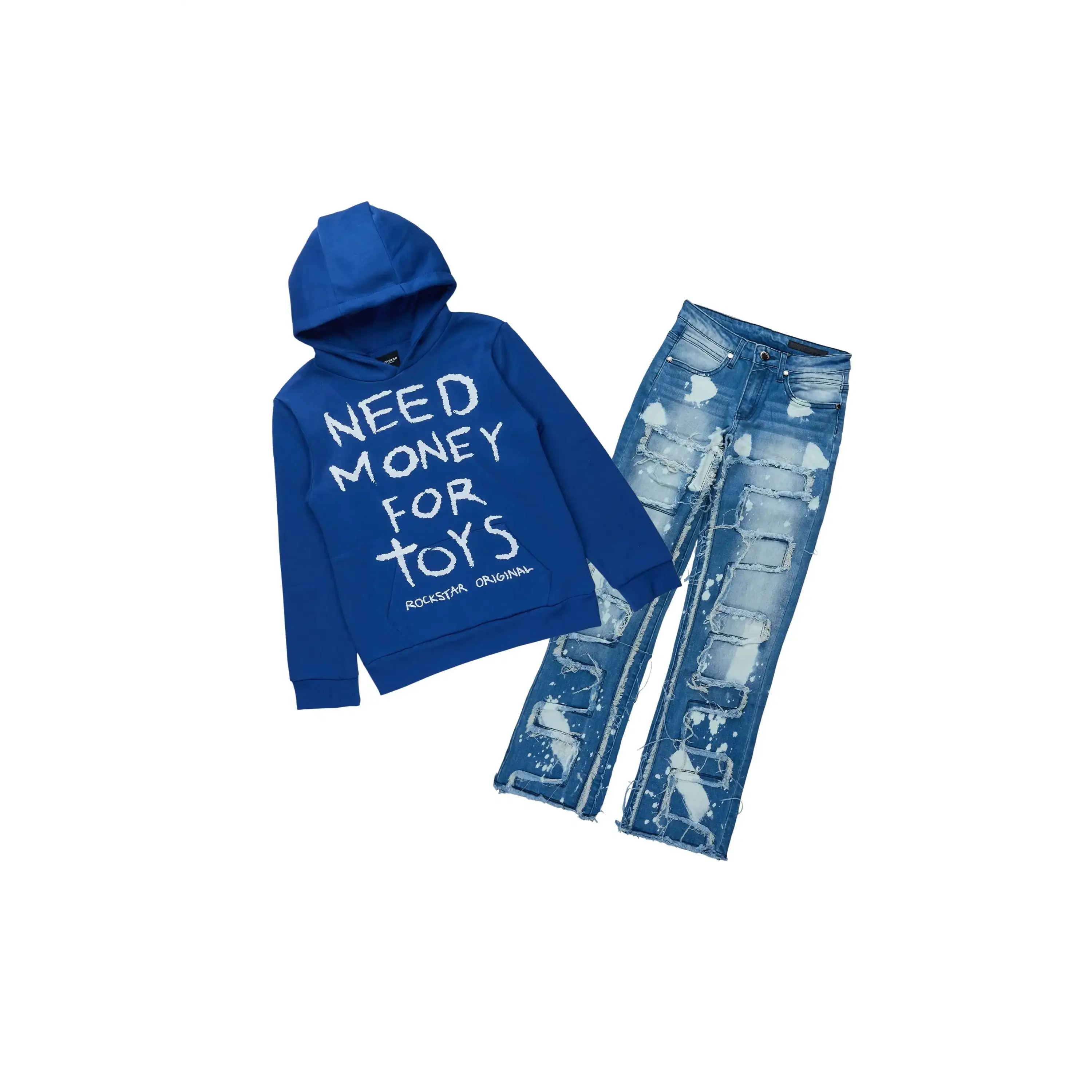 Boys M4 Toys Royal Blue Hoodie & Laban Blue Bleach Stacked Jean Set