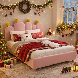 Naudacaa Twin/Full Size Boucle Bed Frame with Headboard for Kids, Soft Rounded Corners, Cactus-Shaped Design, Strong Wooden Slats – No Box Spring Needed