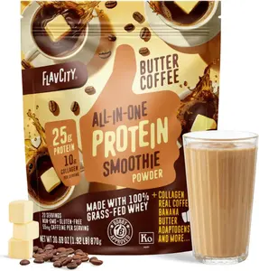 FlavCity All-in-One Protein Shake Powder Butter Coffee  100% Grass-Fed Whey, Collagen Peptides, Reishi & Cordyceps, 55mg Caffeine Blend, 20 Servings